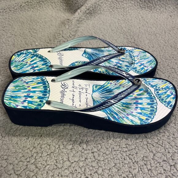 Brighton Flip Flops Womens 9 Blue Multi Surf Wedge Beach Summer Jewels - Picture 2 of 12